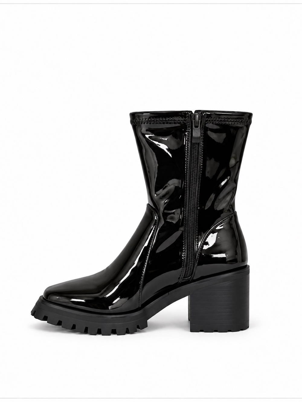 Slowline Black Patent Leather Lug Sole Square Toe Chunky Heeled Ankle Boots NWOT